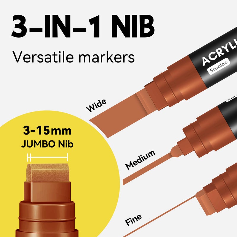SRUOLOC 3 Jumbo Permanent Markers Coffee Colors, 15mm Thick Wide Tip, Large Acrylic Paint Markers for Rock Painting, Poster, Graffiti, Stone, Ceramic, Glass, Wood, Canvas - Image 2